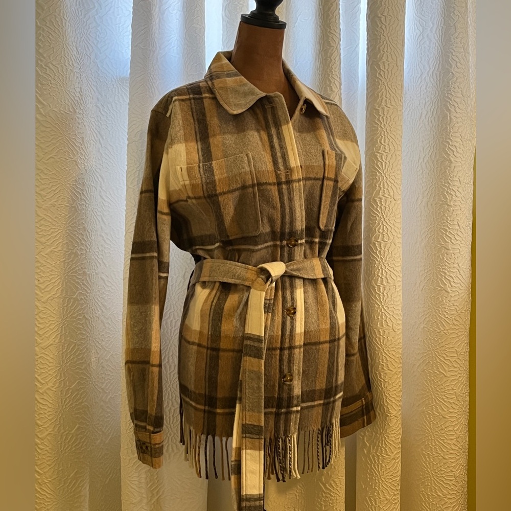 Talbots Plaid Belted Jacket in Brown and Cream